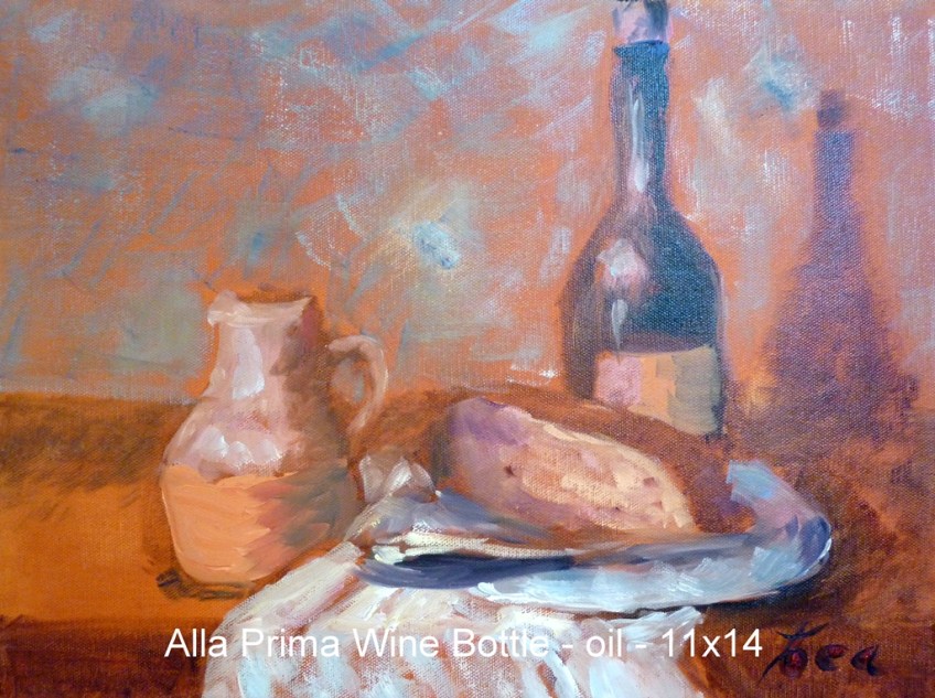 Alla Prima Wine Bottle, 11x14 Oil