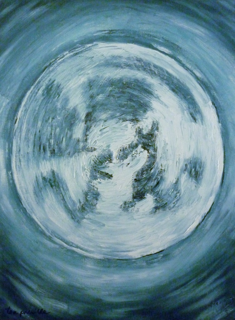 Tea Preville - 2002 - Man, Dog and Tree on the Moon - oil